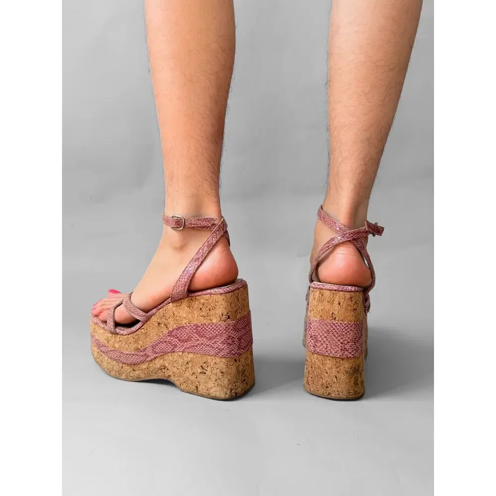 90s Mega Platform Sandal Pink Faux Snakeskin Leather Sz 8 Cork Wedge Square Toe